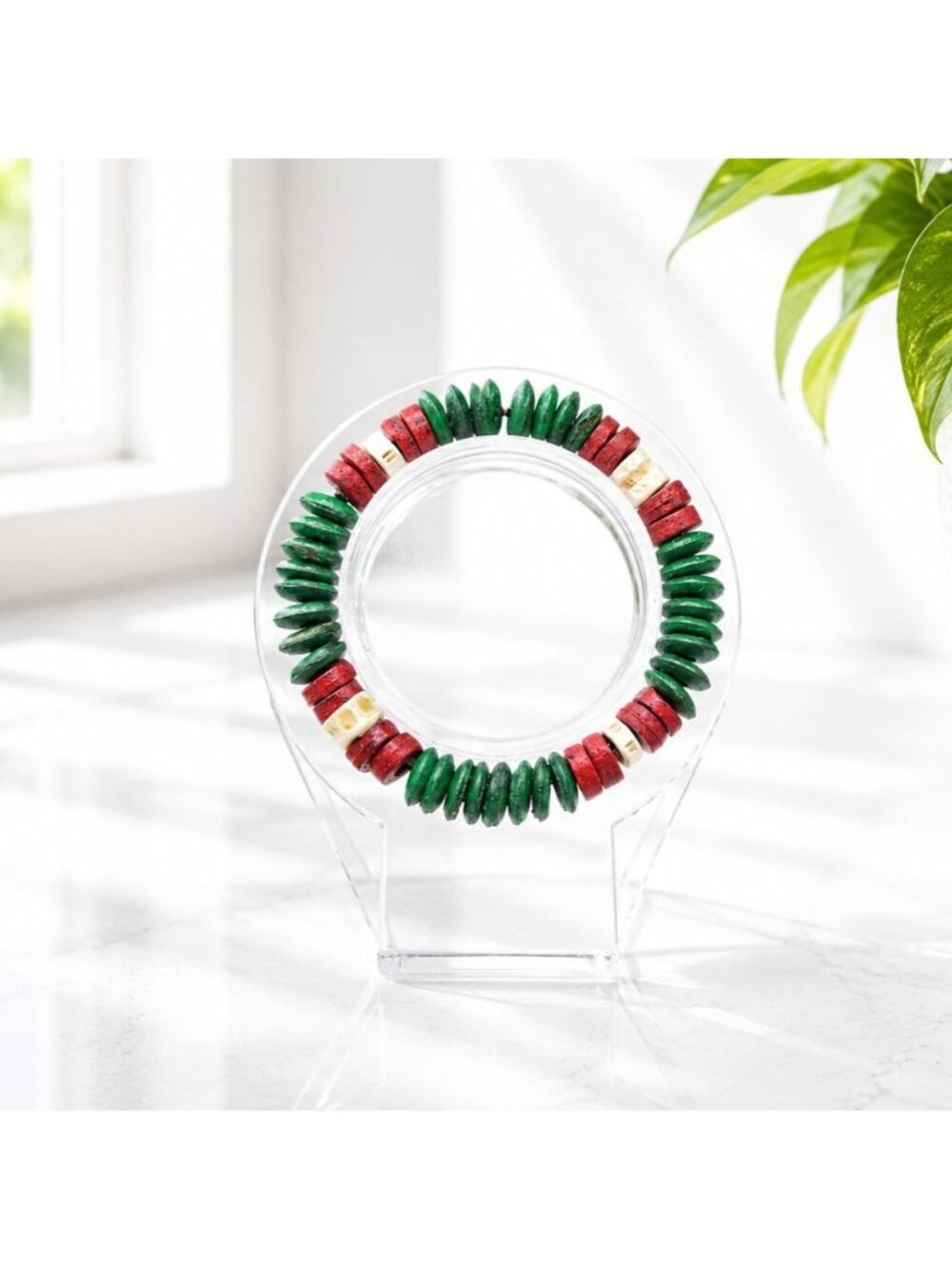 Vintage Green Red & Ivory Wooden Bead Bracelet Boho Statement Jewelry